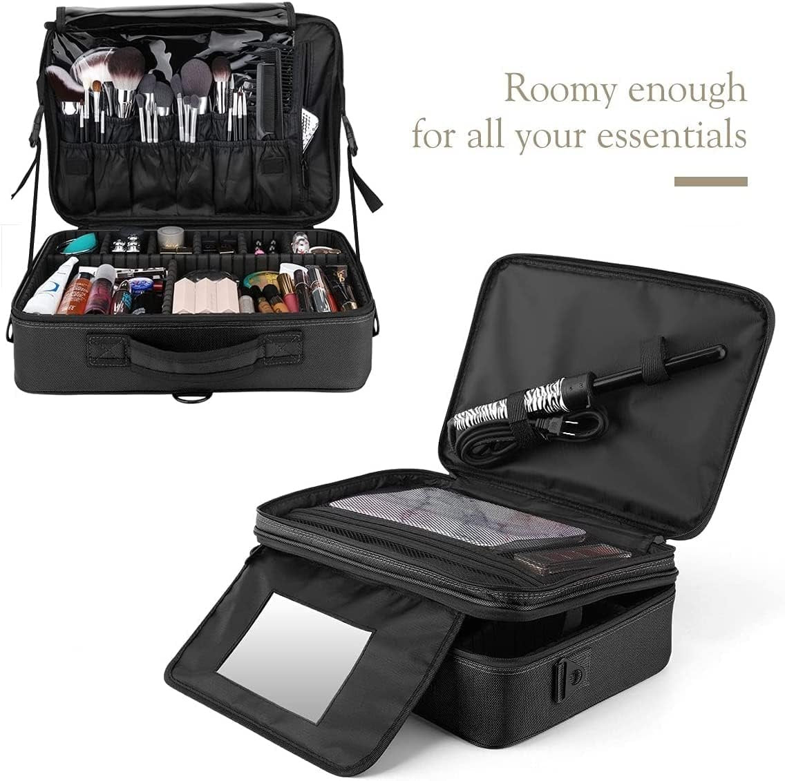 Luxspire Travel Makeup Bag Cosmetic Case, 3 Layer Large Professional Makeup Travel Train Case, Large Portable Makeup Brush Holder Organizer Artist Storage Bag with Shoulder Strap Mirror, Black