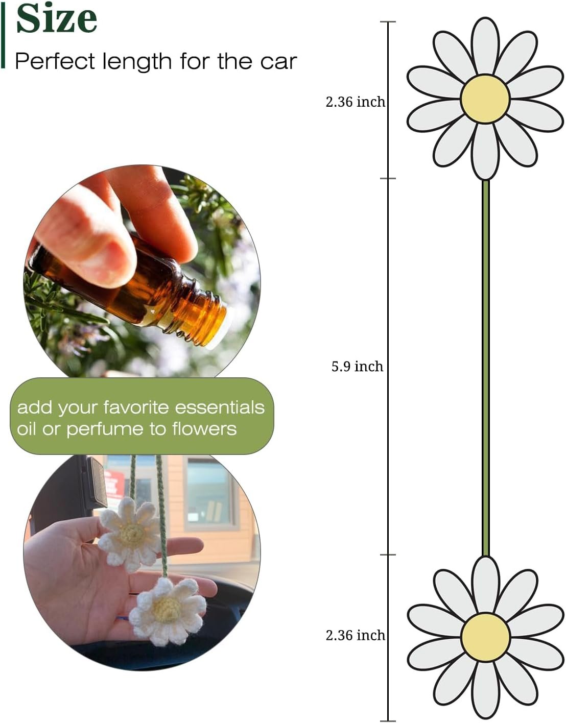 Crochet Daisy Car Accessories for Women Cute Rear View Mirror Hanging Charms Handmade Daisy Flower Gifts for Crochet Lovers Car Decor Automotive Interior Aesthetic(White)