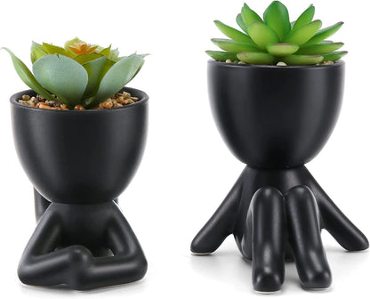 Fake Succulent, Mini Succulents Plants Artificial in Black Modern Human Shaped Ceramic Pots Cute Desk Decor Desk Plant for Office Decor, Cute Fake Plants Bathroom Decor 2PCS