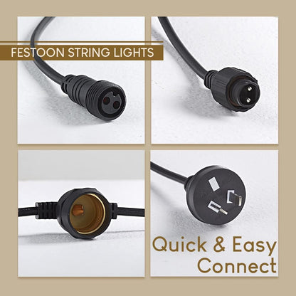 Groverdi LED Festoon Lights, 30M 30 Bulbs Christmas String Lights Outdoor Waterproof IP65 Strip Hanging Bulbs for Wedding Party Garden Easter S14 1W LED Bulb Kit