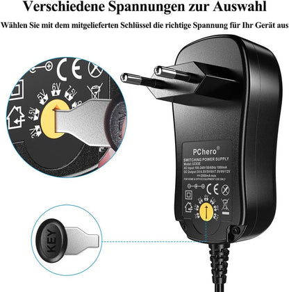 Universal AC/DC Power Adapter, PChero 24W Switching Power Supply with 8 DC Plugs, Including Micro USB Connector for 3/4.5/5/6/7.5/9/12V Home Electronics – 2000 mA Max.