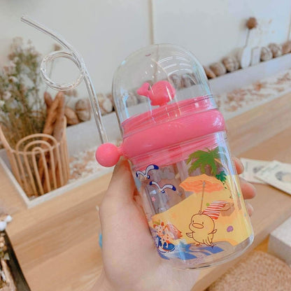 Whale Spray Water Bottle Sippy Cups Travel Cup with Straw Birthday Party Gift Pink Flamingo Drinking Cup (Pink Beach 3, 260 ml)