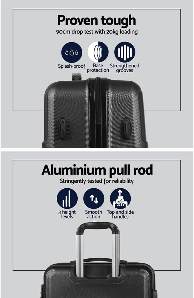 Wanderlite Luggage Set 3pcs Black Suitcase Storage Organizer Hand Luggages Travel Hard Case Hardside, Lightweight Trolley Carry on Bag, TSA Lock 4 Universal Wheels