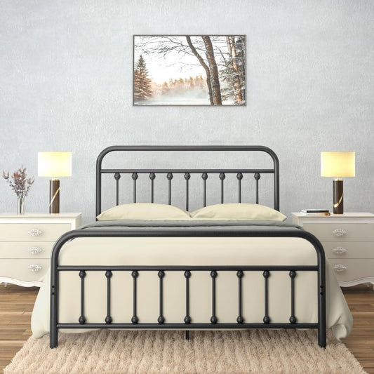 CastleBeds Vintage Queen Size Black Iron Bed Frame with Headboard Footboard Wrought Rod Art Heavy Duty Steel Metal Platform Foundation Farmhouse Industrial Victorian Style 1000 lbs Capacity Ambee21
