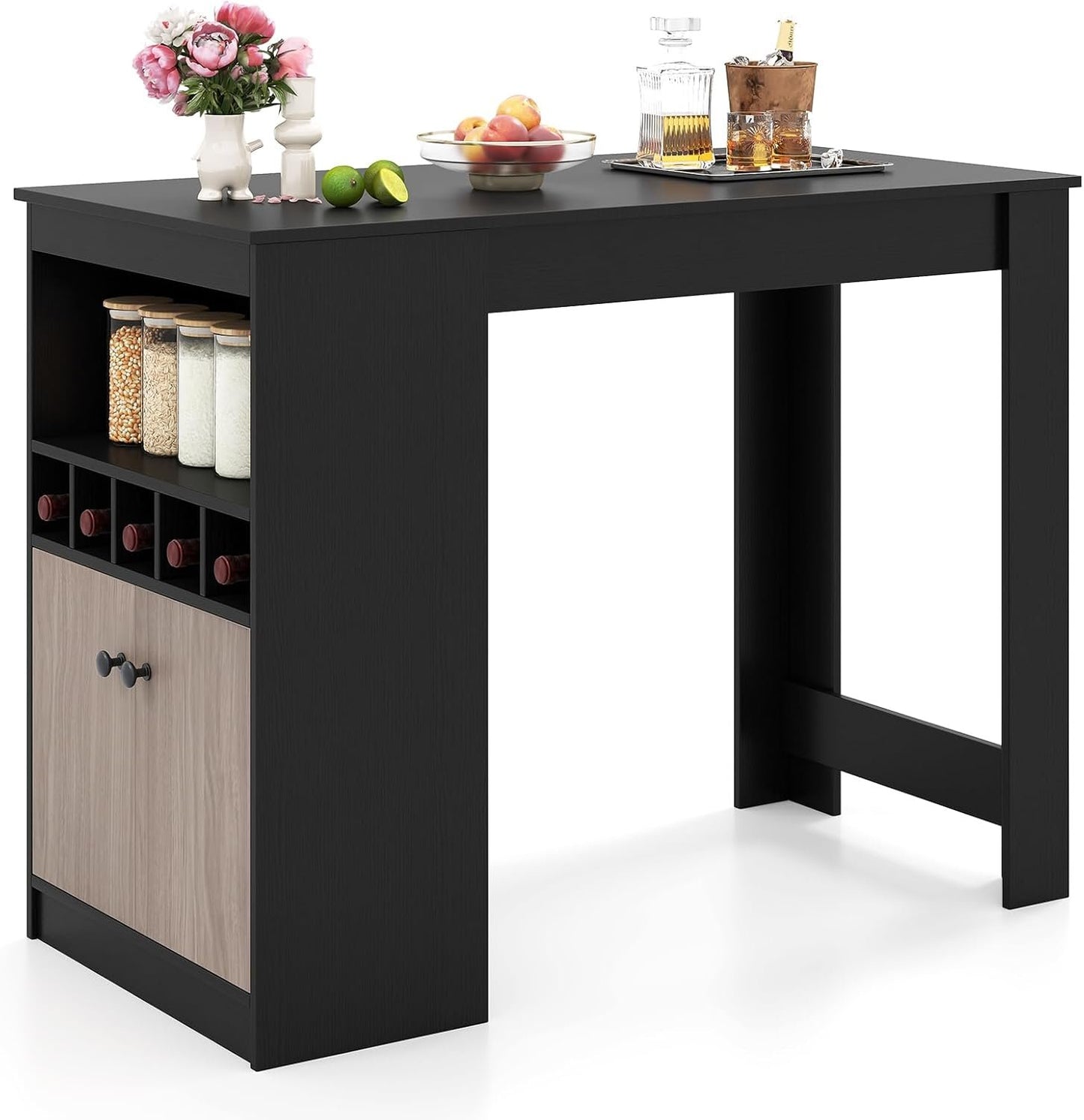 COSTWAY 48" Bar Table with Storage Cabinet & Wine Rack, Home Dining Table, Multifunctional Bistro Table w/Wine Rack, Kitchen Breakfast Table, Ideal for Coffee Shop, Pub, Living Room