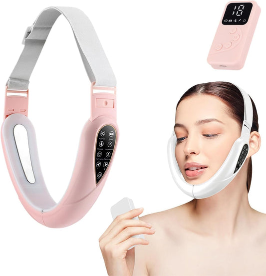 4-in-1 Massager for Face, Contour Flex Facial Sculpting Device for Double Chin, 5 Nursing Modes & 15 Levels of Intensity &180° Foldable, Reduces Sagging Skin,Pink