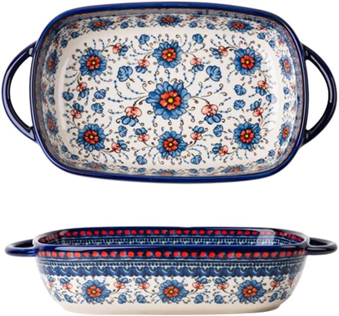 Bicuzat Blue and Orange Flower Vintage Style Ceramic Bakeware Casserole Dish Baking Pan Lasagna Pans with Handles for Oven/Cooking/Kitchen-1 PCS-22 OZ