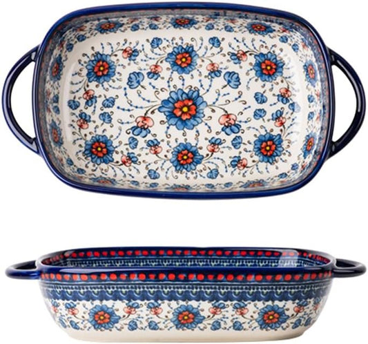 Bicuzat Blue and Orange Flower Vintage Style Ceramic Bakeware Casserole Dish Baking Pan Lasagna Pans with Handles for Oven/Cooking/Kitchen-1 PCS-22 OZ