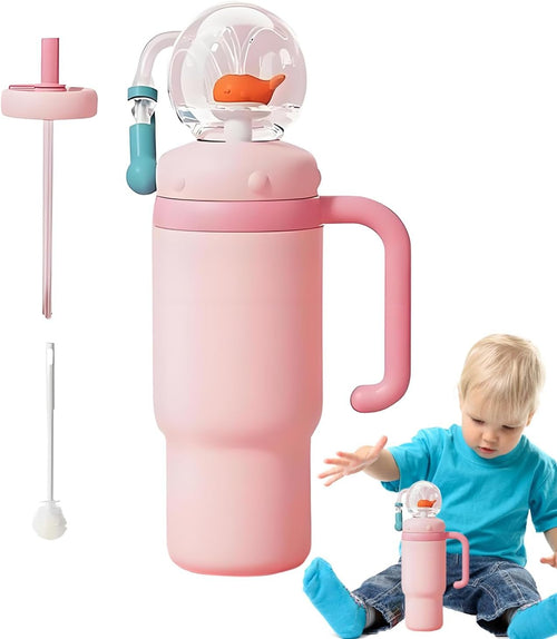 Stainless Steel Whale Fountain Tumbler with Handle, Reusable Stainless Steel Insulated Water Bottle, Leak-Proof Dishwasher Safe, Drinking Cup with Whale Squirt for Boys and Girls