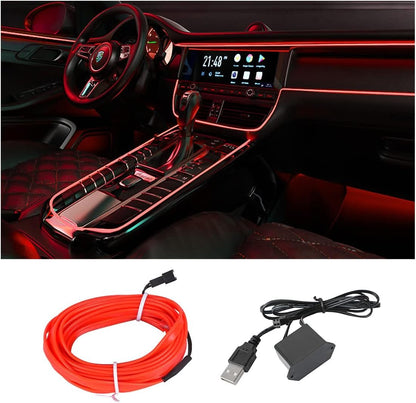 EL Wire Interior Car LED Strip Lights, USB Auto Neon Light Strip with Sewing Edge, 16FT Electroluminescent Car Ambient Lighting Kits with Fuse Protection, Car Decoration Accessories (Red)