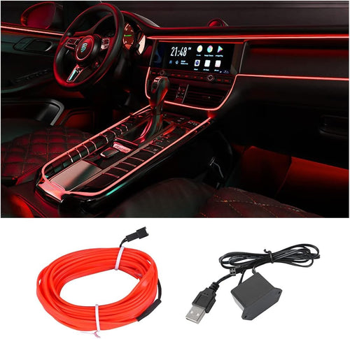 EL Wire Interior Car LED Strip Lights, USB Auto Neon Light Strip with Sewing Edge, 16FT Electroluminescent Car Ambient Lighting Kits with Fuse Protection, Car Decoration Accessories (Red)