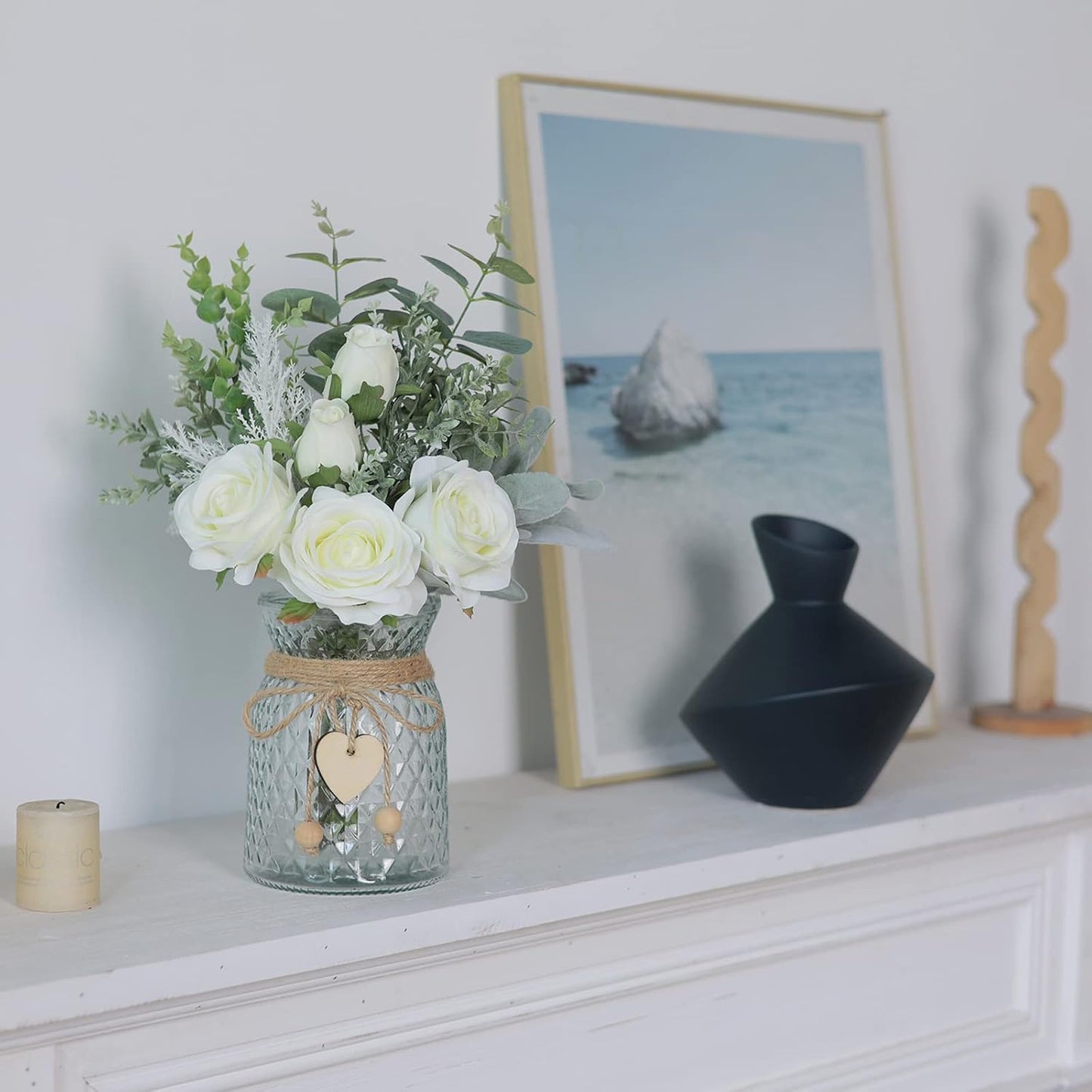 VIERENA Faux Flowers with Vase,Artificial Silk Roses in Vase,Fake Plant Eucalyptus Flower Arrangement for Home Office Farmhouse Bathroom Dining Table Centerpiece Decorations (White),106-HS-BAI