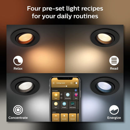 Philips Hue White & Colour Ambiance Centura Set of 3 Round Downlights, Dimmable Ceiling Lights for Hue Lighting System, Intelligent Voice and App Light Control, Black