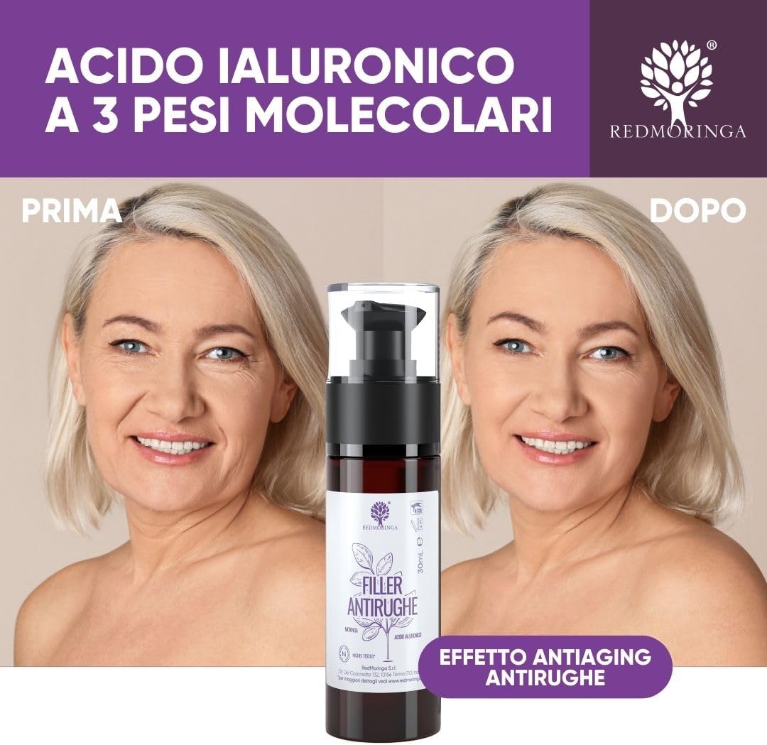 RedMoringa - Hyaluronic Acid Face Filler with 3 Molecular Weights, Anti-Wrinkle 99% Natural - Wrinkles Filler Face Serum with Moringa Extract - Clinically Tested - 30 ml