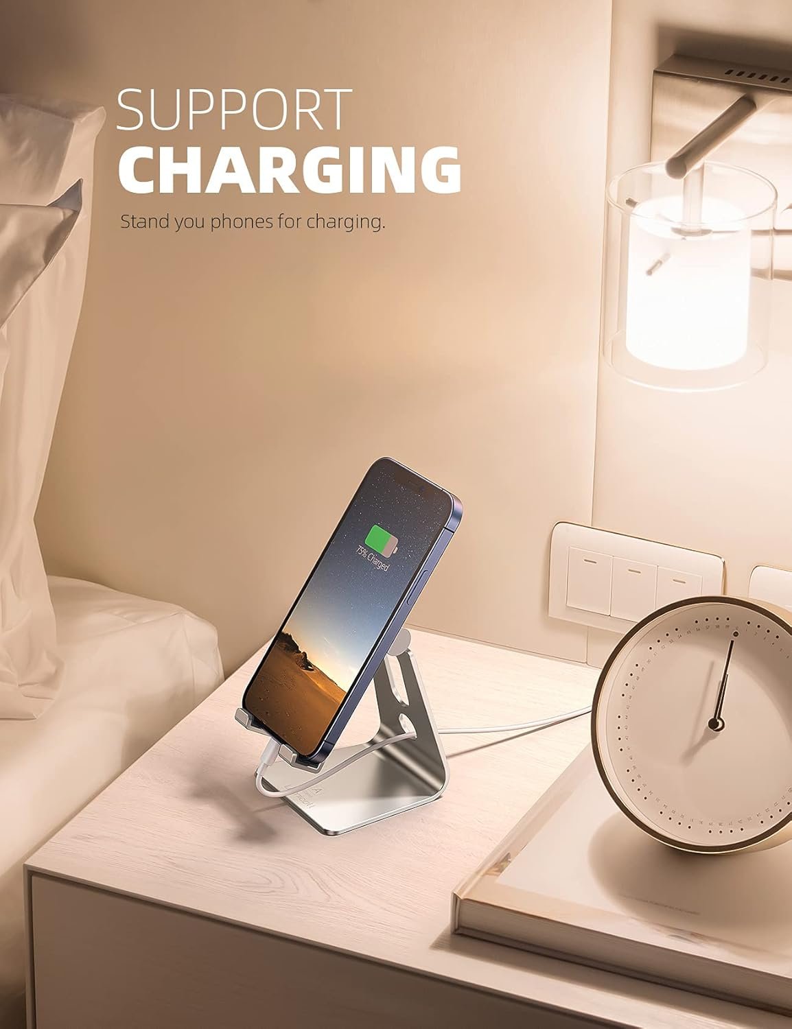 Lamicall Adjustable Cell Phone Stand - Aluminum Desktop Phone Holder, Anti-Slip Mobile Phone Base Desk Table, Compatible with iPhone, Samsung Galaxy Note, Office Accessories, 4-8" Smartphone - Sliver