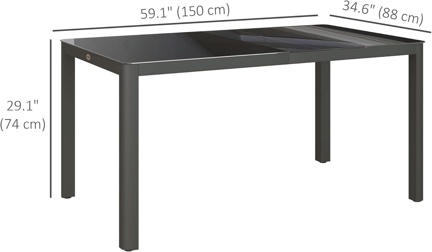 Outsunny Outdoor Dining Table for 6 People, 59" x 35" Rectangular Aluminum Patio Table with Tempered Glass Top and Height-Adjustable Feet for Garden, Balcony, Porch, Deck, Grey