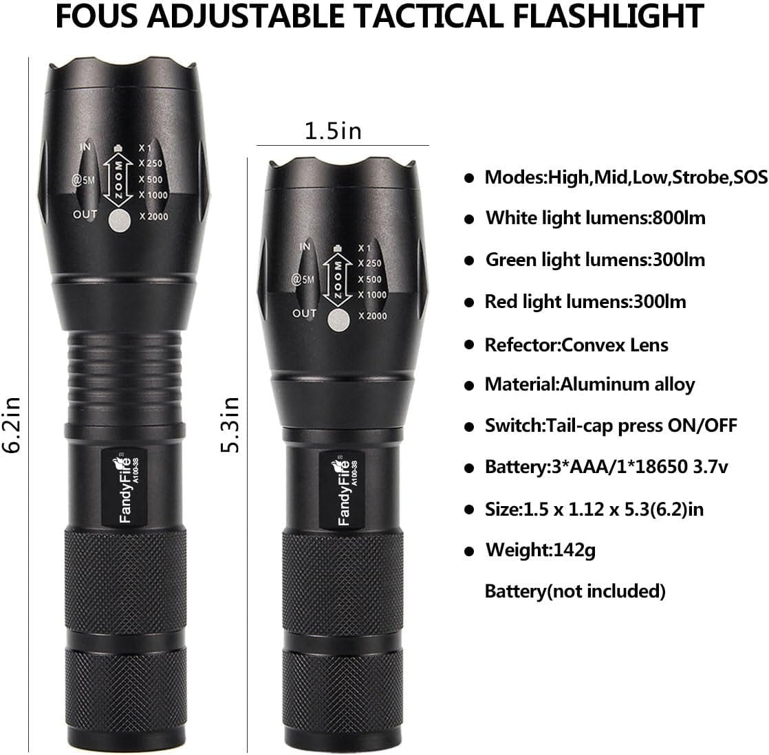 FandyFire A100 Tactical Flashlight: 900 Lumens 5 Modes Versatile 3-in-1 LED Hunting Light with Interchangeable RED & Green Glass Lens
