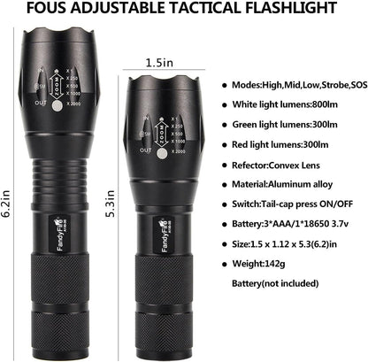 FandyFire A100 Tactical Flashlight: 900 Lumens 5 Modes Versatile 3-in-1 LED Hunting Light with Interchangeable RED & Green Glass Lens