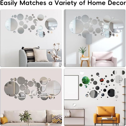 32 Pcs Acrylic Mirror Round Wall Stickers, Removable Wall Decal Mirror Set, Bathroom Wall Sticker Art, Circle Ceiling Mirrors for Bedroom, Home, Living Room, Sofa TV Background Decor (Large)