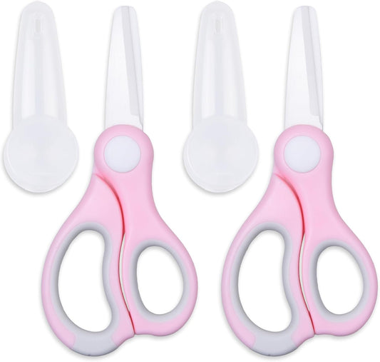 Ceramic Baby Food Scissors - Portable Shears - Healthy Food Cutter with Dust Cover and Storage Case - Cuts Meat, Chicken, Vegetables, Fruits (Pink - 2 Pack)