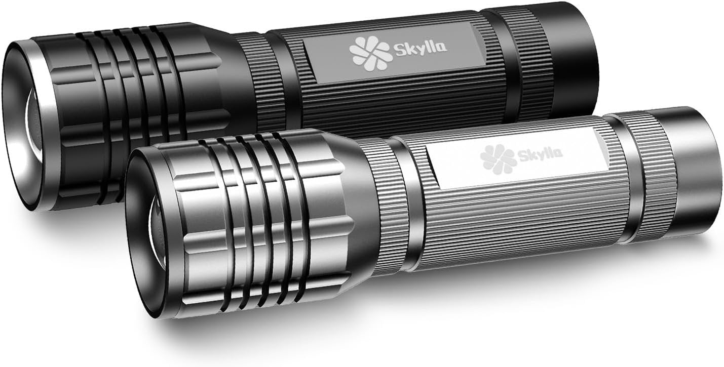 Skylla LED Flashlight 2 Pack,Bright high Lumens Tactical Flashlights with 5 Modes, Waterproof Zoomable Flash Light for Outdoor, Gifts for Student Dorm Camping Essentials Camper Gear