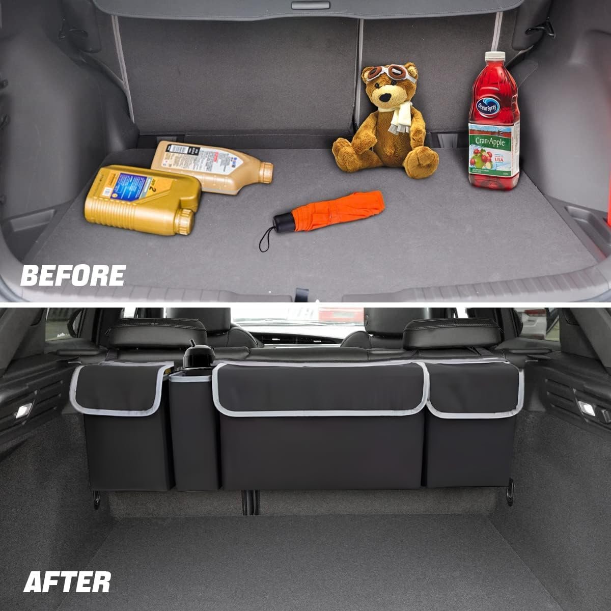 AUCELI Car Trunk Organizer, Backseat Hanging Large Storage with Adjustable Straps, Waterproof Collapsible Cargo Bag with 4 Pockets, Sturdy Space Saver Frees Trunk Floor for SUV, Truck, MPV