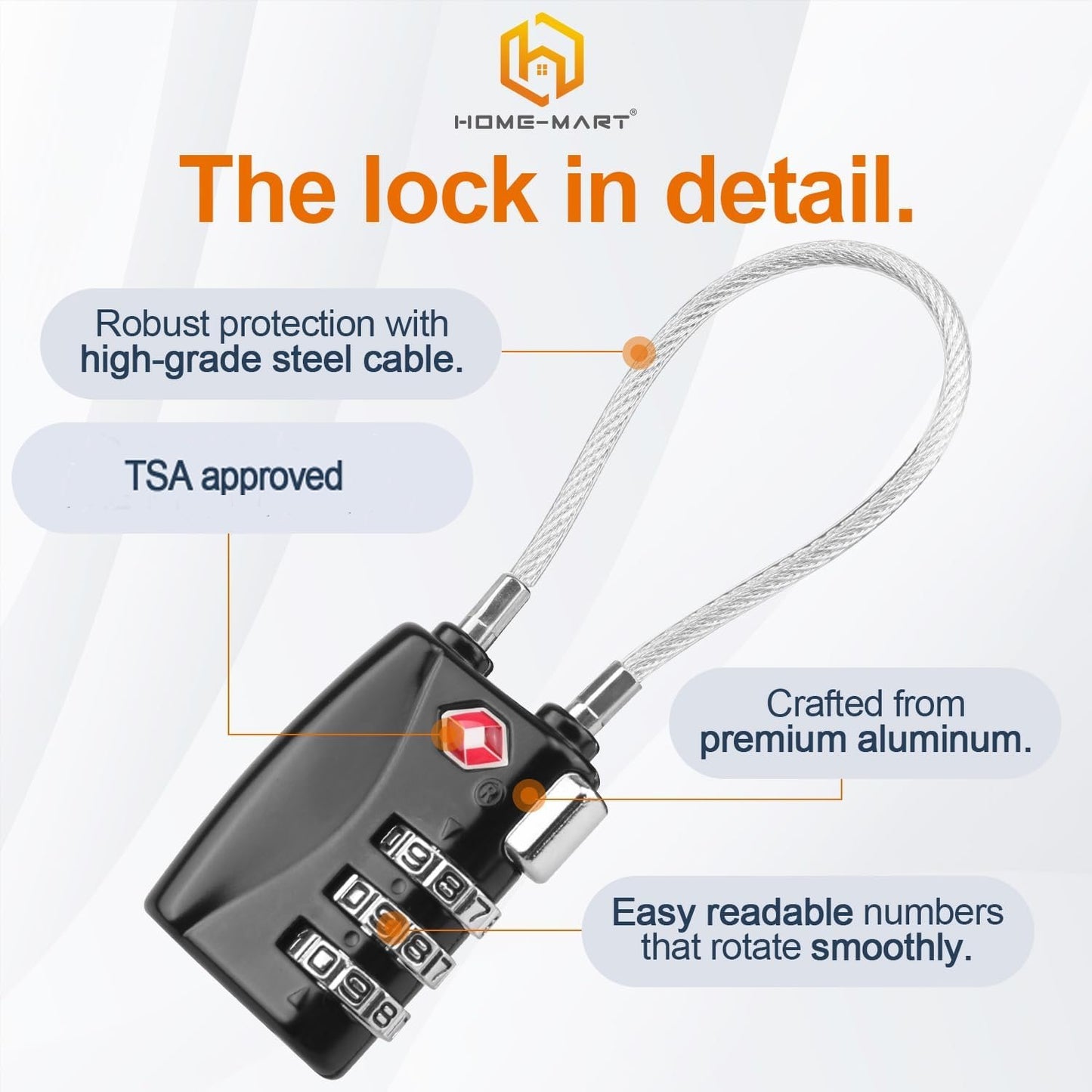 H HOME-MART TSA Approved Cable Luggage Locks,3-Digit Re-settable,Easy to Read Combination Padlock,Suitcase Lock,Alloy Body with Flexible Braided Steel, Security Travel Locks for Travel Bag