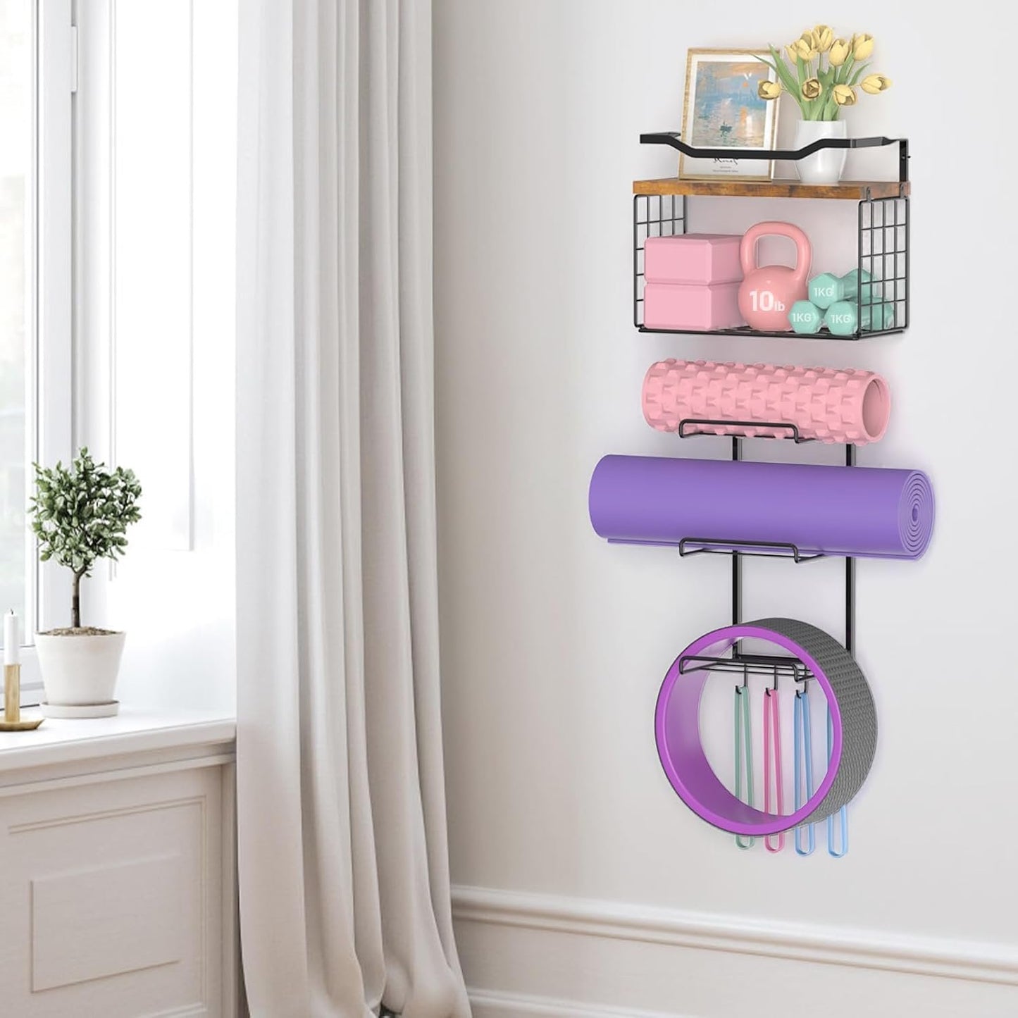 Yoga Mat Holder Wall Mount, Yoga Accessory Mats Storage Rack, Home Gym Accessories Organizer Storage with Wood Floating Shelves, Storage Basket with Hooks for Hanging Yoga Strap & Resistance Bands