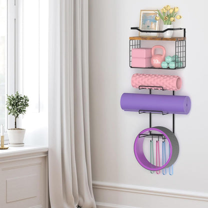 Yoga Mat Holder Wall Mount, Yoga Accessory Mats Storage Rack, Home Gym Accessories Organizer Storage with Wood Floating Shelves, Storage Basket with Hooks for Hanging Yoga Strap & Resistance Bands