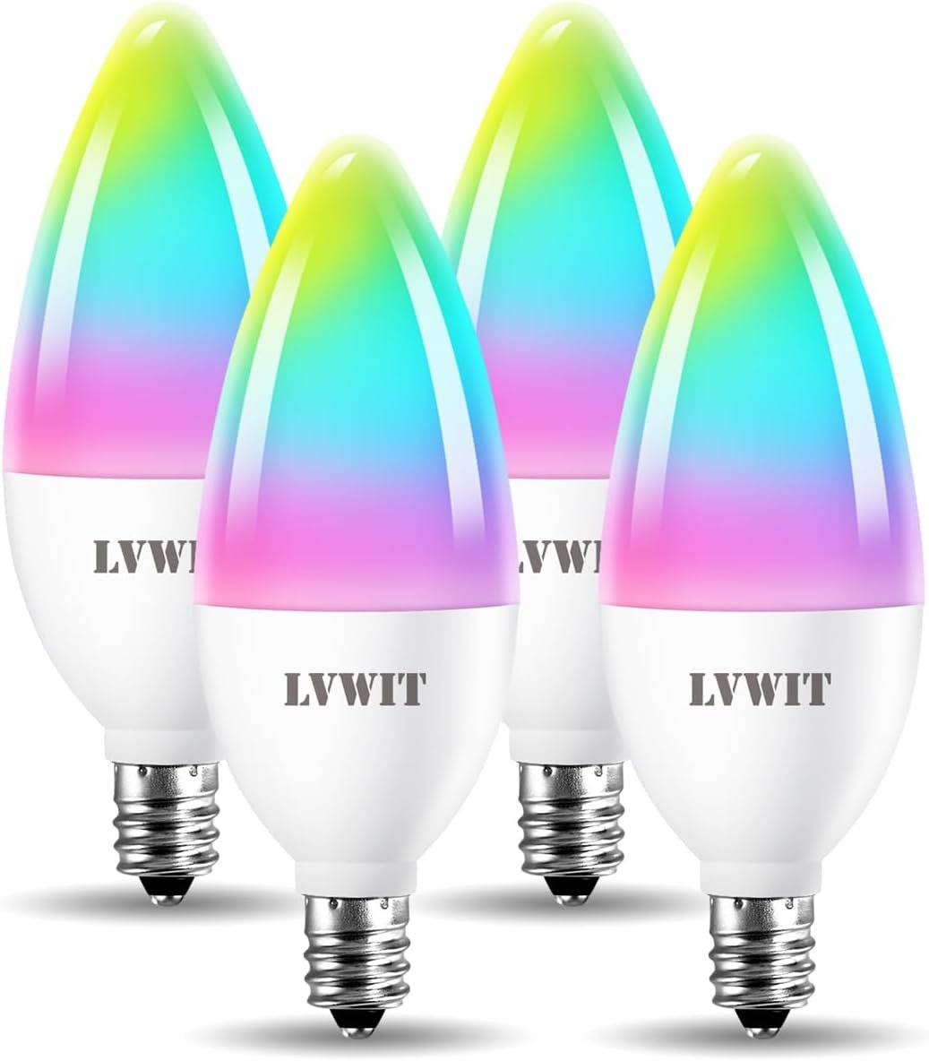 LVWIT B11 Smart Bulb, Candelabra LED Light Bulbs, Work with Alexa, Google Assistant, Smart Life App, Tuya App, 2700K-6500K, E12 RGB Color Changing Bulb (4.9W), No Hub Required, 4-Pack