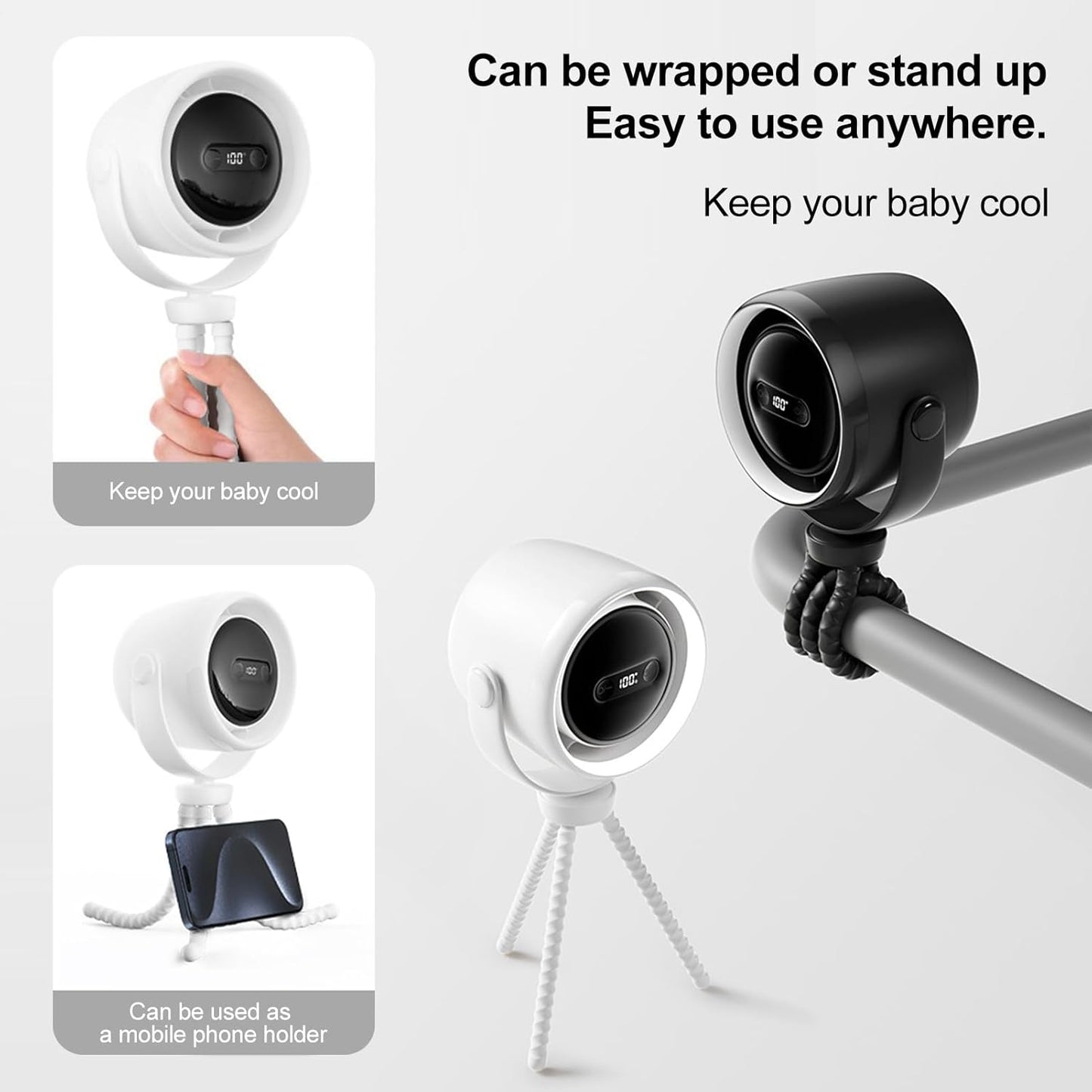 Ceprznvey Stroller Fan, Portable Baby Fan, Clip on Cooling, 100 Speed Stepless Adjustment, Built-In Night Light, for Travel Beach Camping Backseat Crib, 12,8 x 6,57