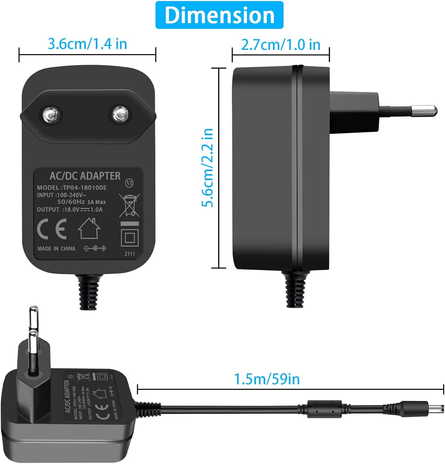 TKDY 18V 1A 18V 1000mA 800mA 750mA 500mA 400mA Power Adapter with 5 Tips for Most 18V Electronic Devices Positive Center