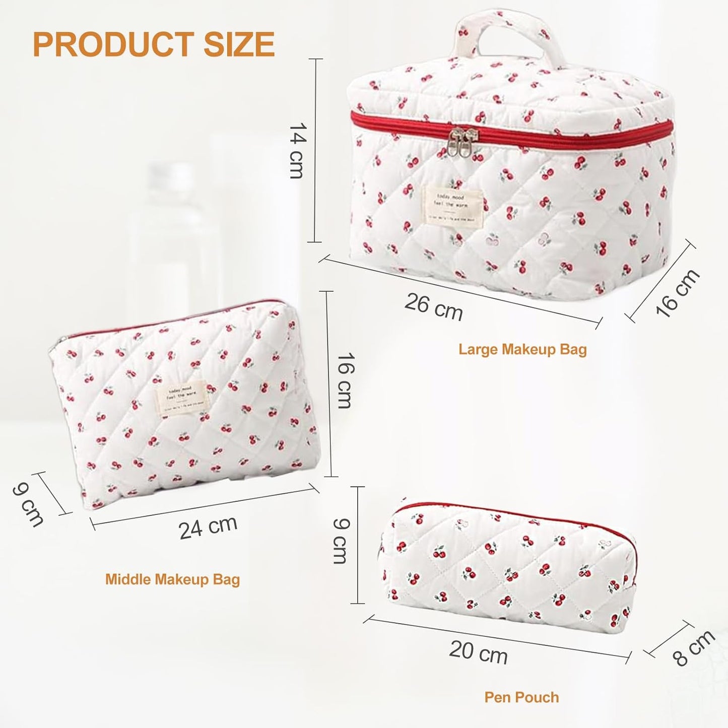 TOPALL Women's Travel Beauty Case, Large Cosmetic Bag for Travel, Make-Up Bag for Women, Updated Cotton Leather, Toiletry Makeup Bag Organizer, 2-Red Cherry (Large+Medium+Pouch)
