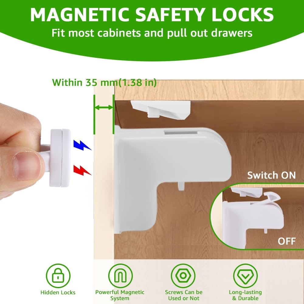 AUTOWT 12 Pack Magnetic Cabinet Locks for Kids - Child Safety Latches - Baby Proofing Cabinets and Drawer Locks for Kitchen Cupboard with 3M Adhesive - Easy Installation No Drilling & No Tools Required