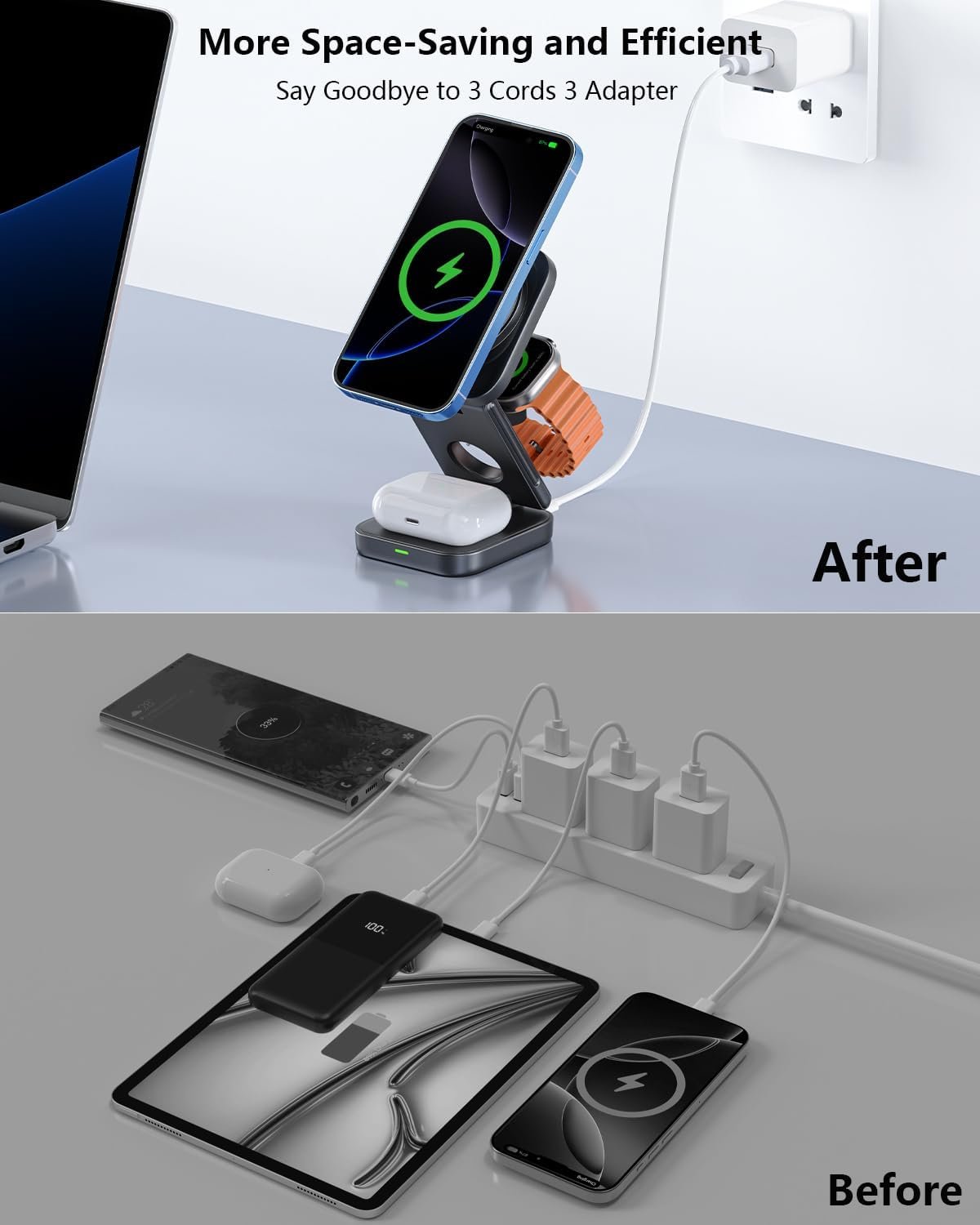 3 in 1 Wireless Charger,Magnetic Foldable Fast Wireless Charger Station Compatible with iPhone 15/14/13/12/Pro/Plus/Pro Max,5W for Apple Watch 9/8/7/6/5/4/3/2/SE/Ultra 2, AirPods 3/2/Pro (Black)