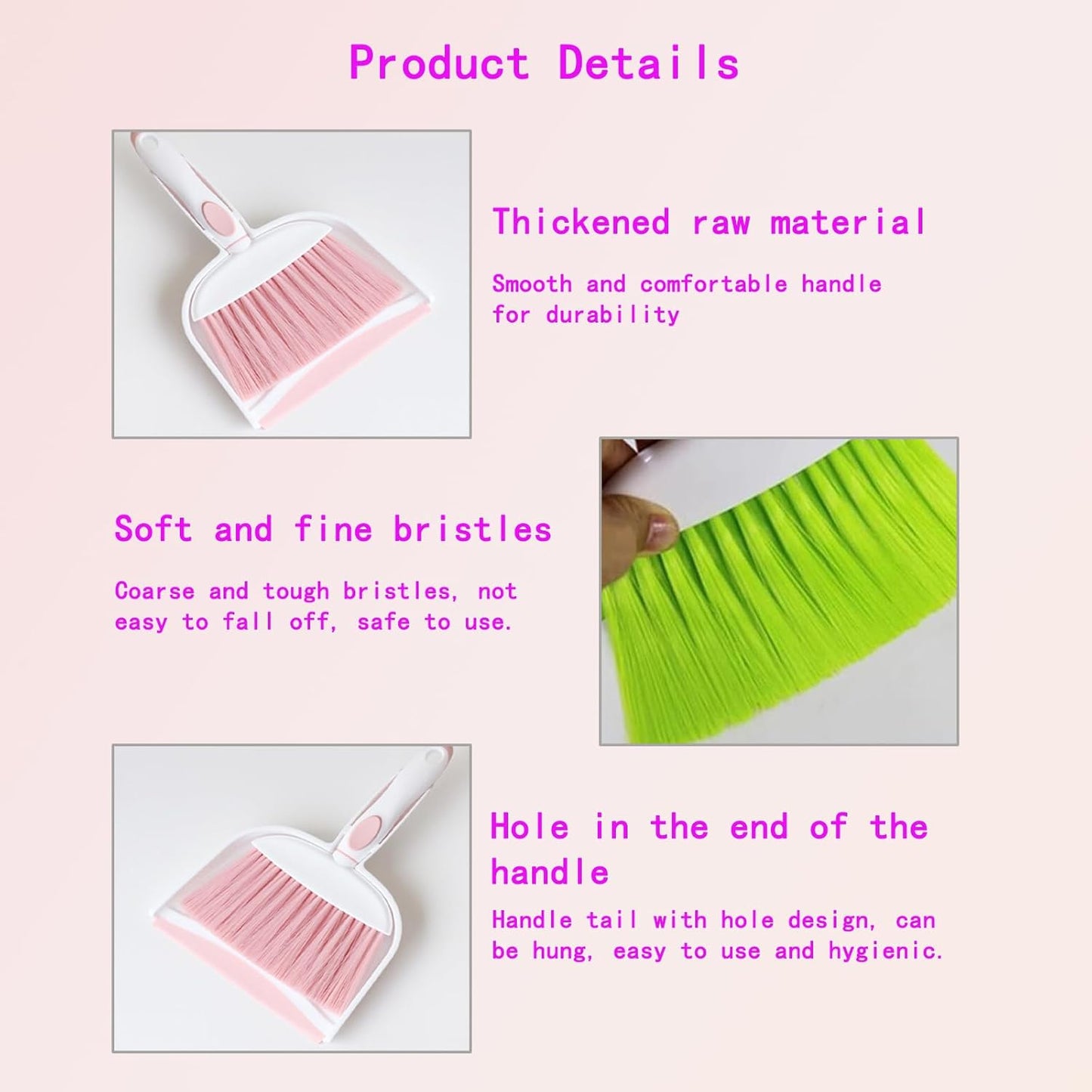 Mini Broom and Dustpan Set - Compact Desk and Cleaning Kit, Small Whisk Broom for Office, Kitchen, Home - Lightweight Pink Dustpan - Essential Daily Cleaning Tool