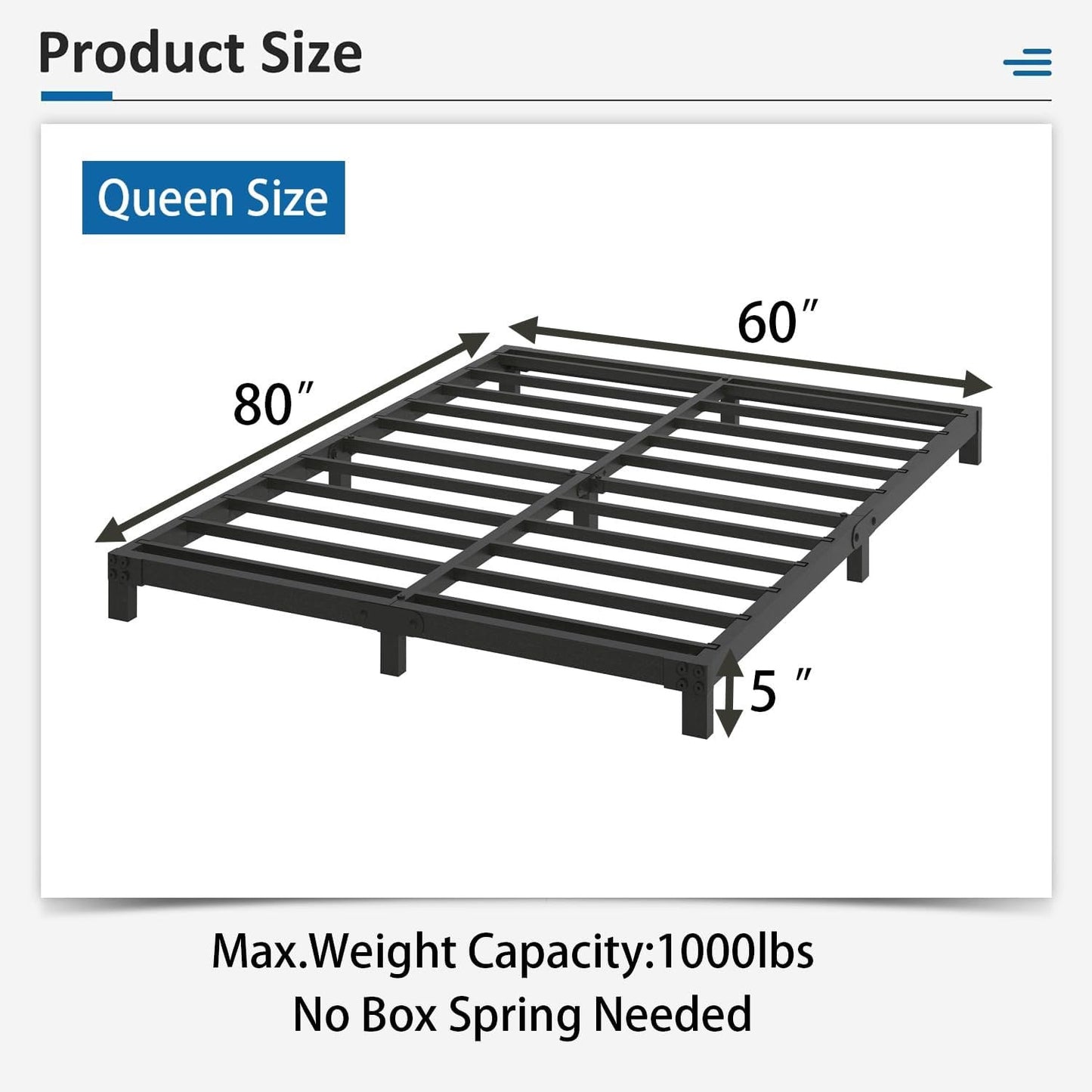 5 inch Bed Frame Queen Size Low Profile Easy Assembly Mattress Foundation Bed Frame Noise Free, Black, Metal (Queen (U.S. Standard))