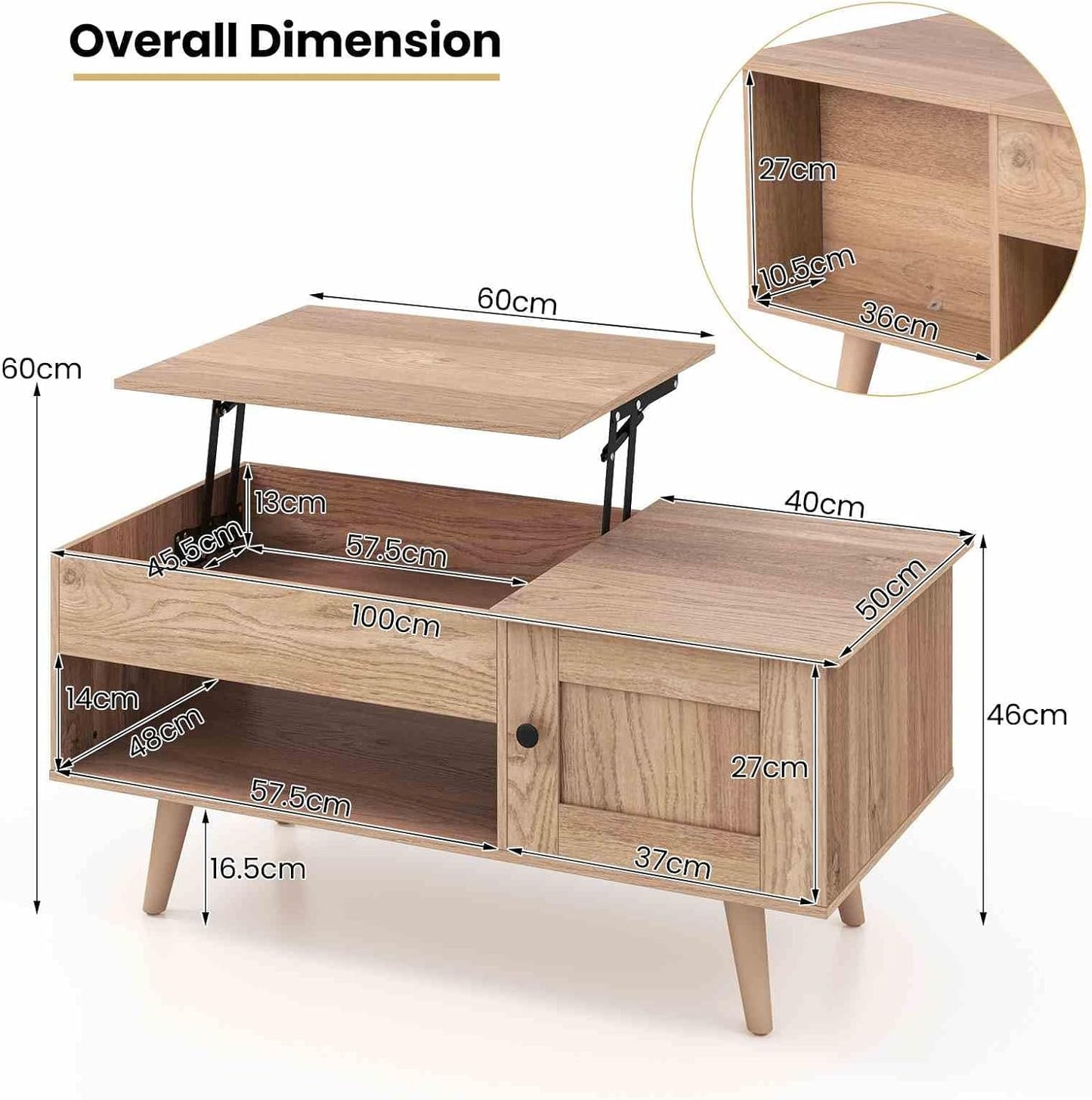 Costway Lift-Top Coffee Table, Flip Top Center Table, Small Coffee Table with Hidden Storage & Open Shelf, Convertible Office Table, Lift Tabletop Dining Table for Living Room (Natural)