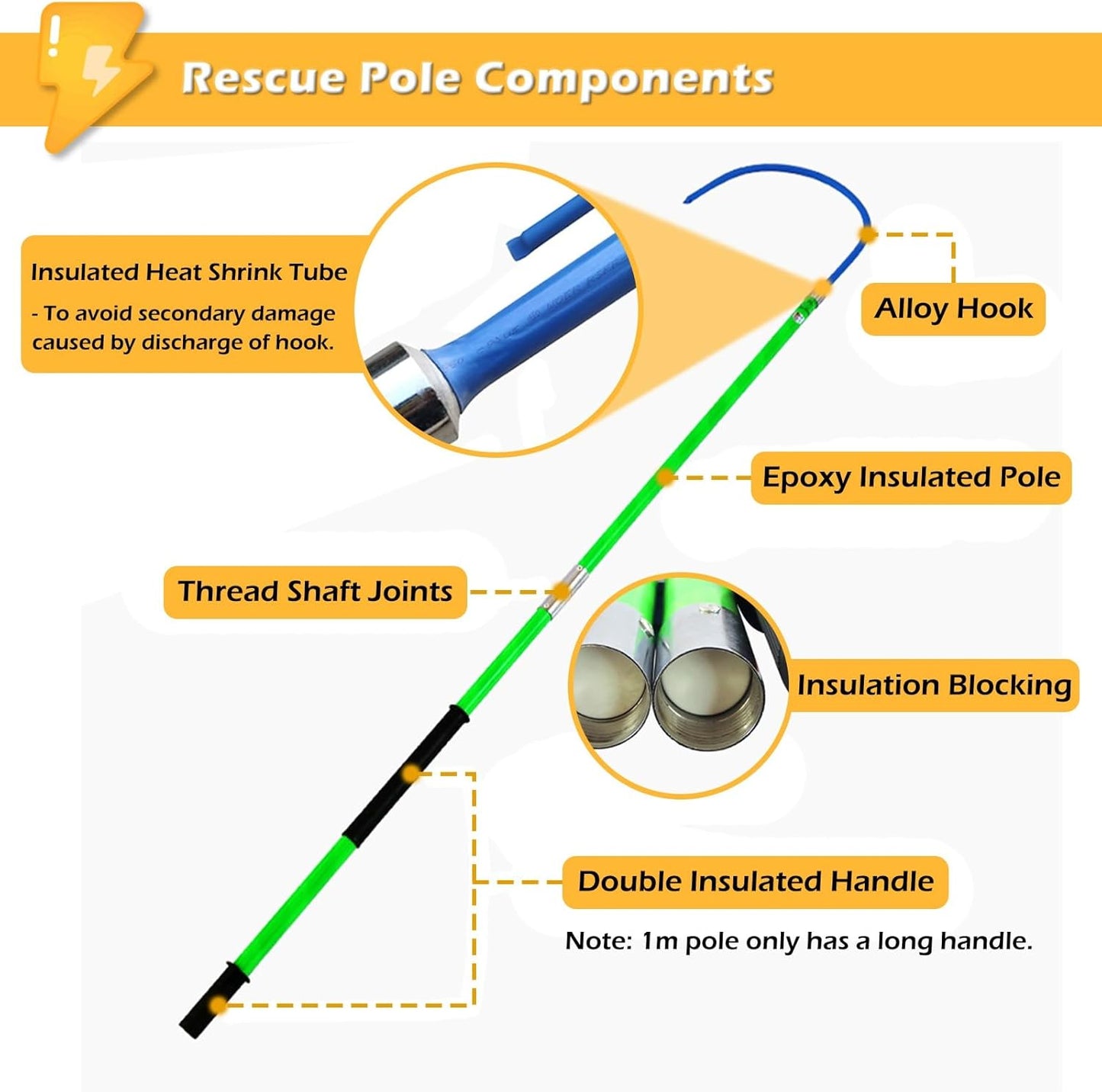 Rescue Hook Stick Electrical Safety Commercial High Voltage Insulated Rescue Hook, Anti-Electrocution Fire Electrical Safety Pole Tool Life-Saving Rod with Non-Slip Handle, for Power Station/Factory E