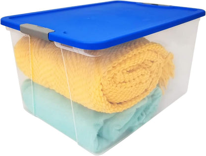 HOMZ 2-Pack Secure Latch, Clear Plastic Storage Organizer Bins, 64 Quart, Blue Lid - Stackable Container Boxes for Bedroom, Bathroom, Garage, and Office Organization