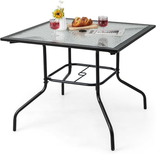 HAPPYGRILL Patio Square Dining Table 35" x 35", Outdoor Dining Table with Tempered Glass Tabletop & 1.5" Umbrella Hole, Metal Bistro Table for Garden Backyard and Porch