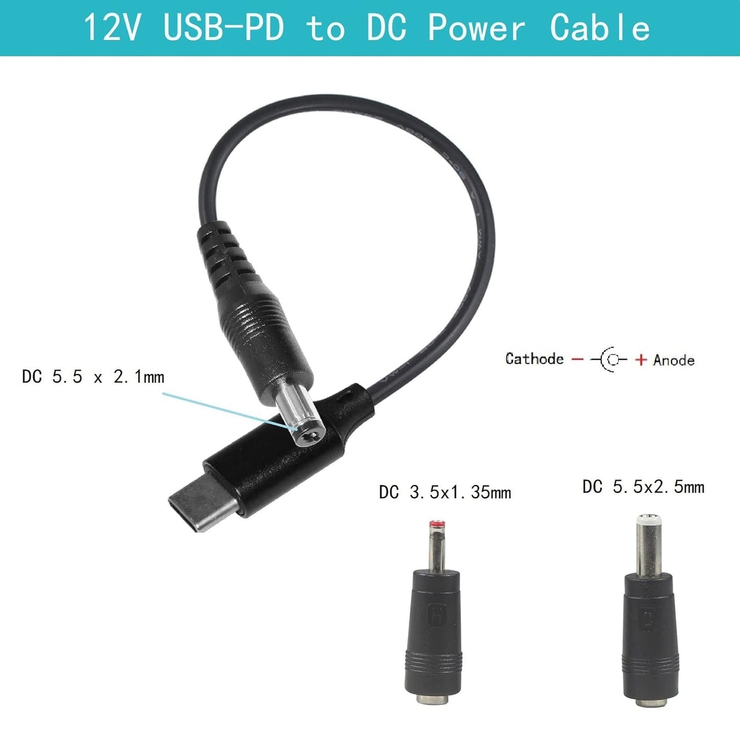 USB C to DC 12V 5.5 * 2.1mm Plug Converter Charging Cable 1M, Type C PD to DC Barrel Power Cable with 2.5 * 5.5mm 3.5 * 1.35mm Adapter