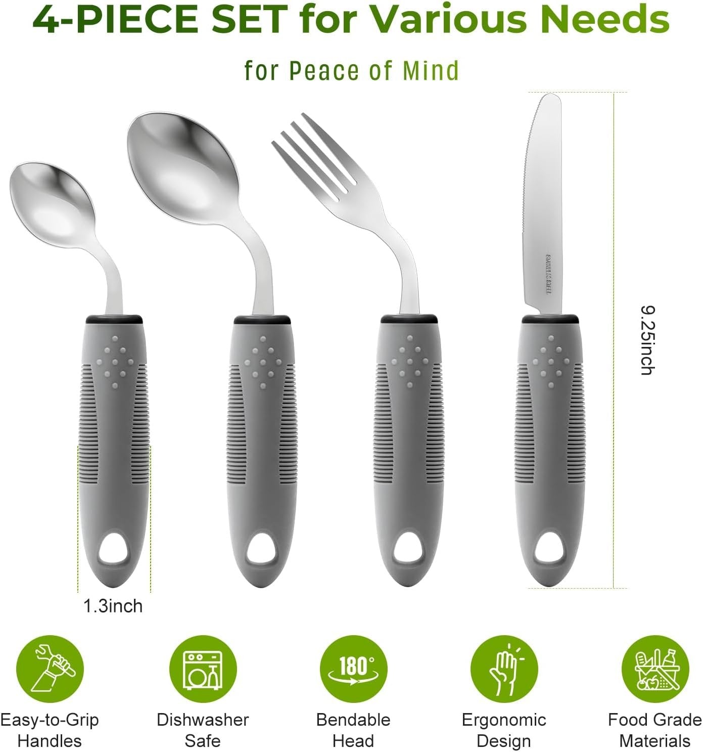 4-Piece Adaptive Utensils Set for Parkinson’s & Hand Tremors – 42° Angled, 2.5 oz Weighted Silverware – Easy-Grip Utensils for Seniors & Arthritis (Fork, Knife, Spoon)