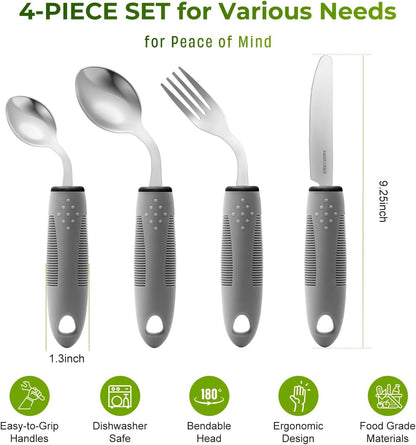 4-Piece Adaptive Utensils Set for Parkinson’s & Hand Tremors – 42° Angled, 2.5 oz Weighted Silverware – Easy-Grip Utensils for Seniors & Arthritis (Fork, Knife, Spoon)