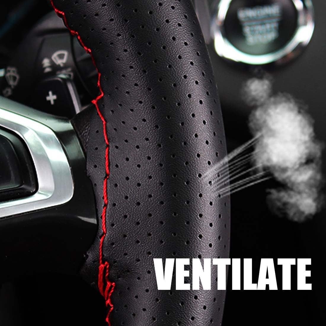 DIY Soft Leather Car Steering Wheel Cover with Needle and Thread | 38cm Diameter Steering Wheel Cover | Black Leather with Red Thread | Car Accessories Interior Car Steering Wheel Cover