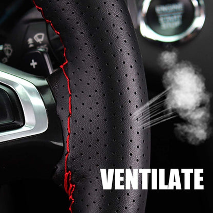 DIY Soft Leather Car Steering Wheel Cover with Needle and Thread | 38cm Diameter Steering Wheel Cover | Black Leather with Red Thread | Car Accessories Interior Car Steering Wheel Cover