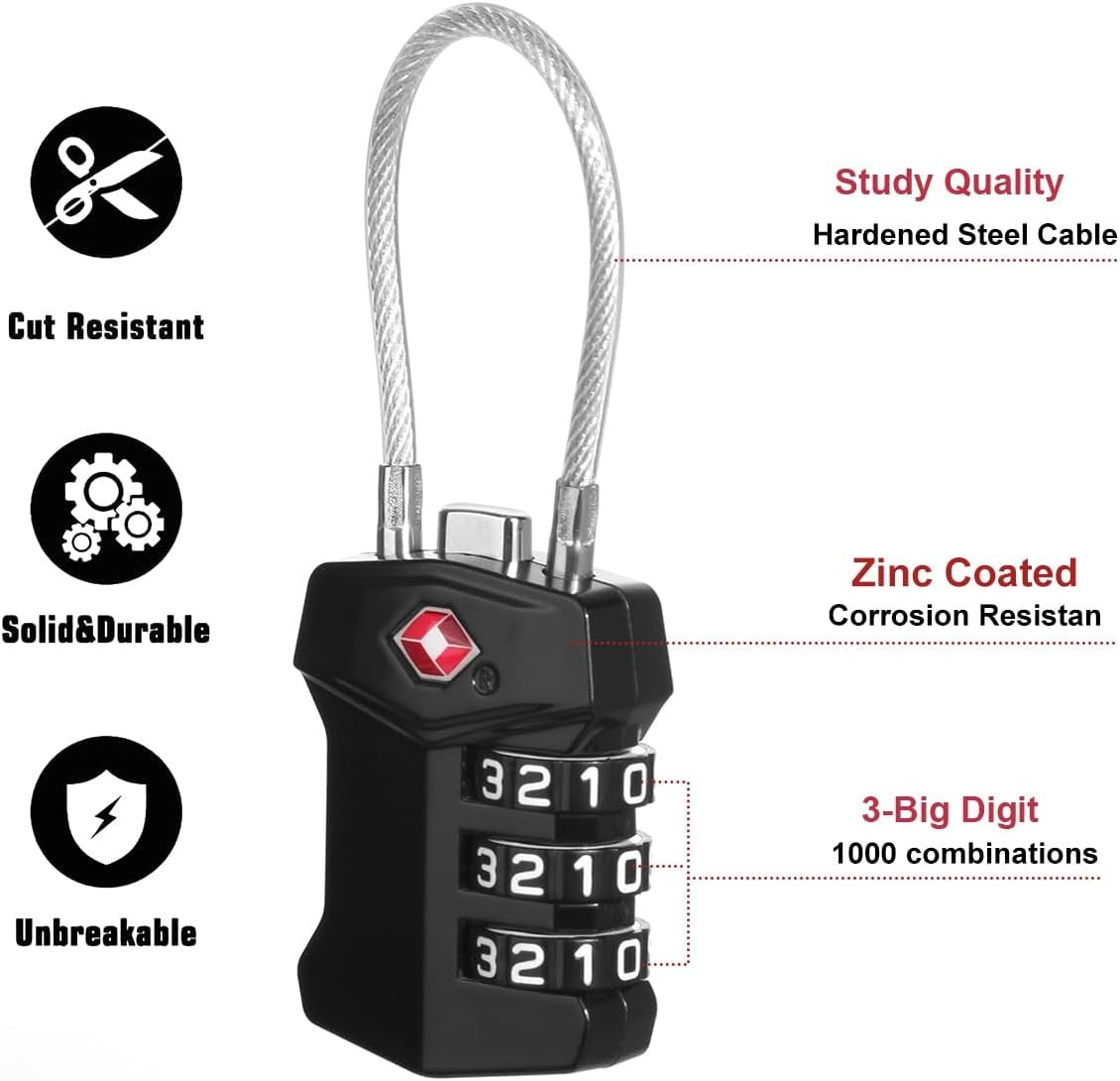 TSA Approved Luggage Locks,(2 Pack),Big Digit Easy Read Dials Cable Luggage Lock,T Tersely Re-settable Padlock for Luggage,Travel Locks for Suitcase, Backpack