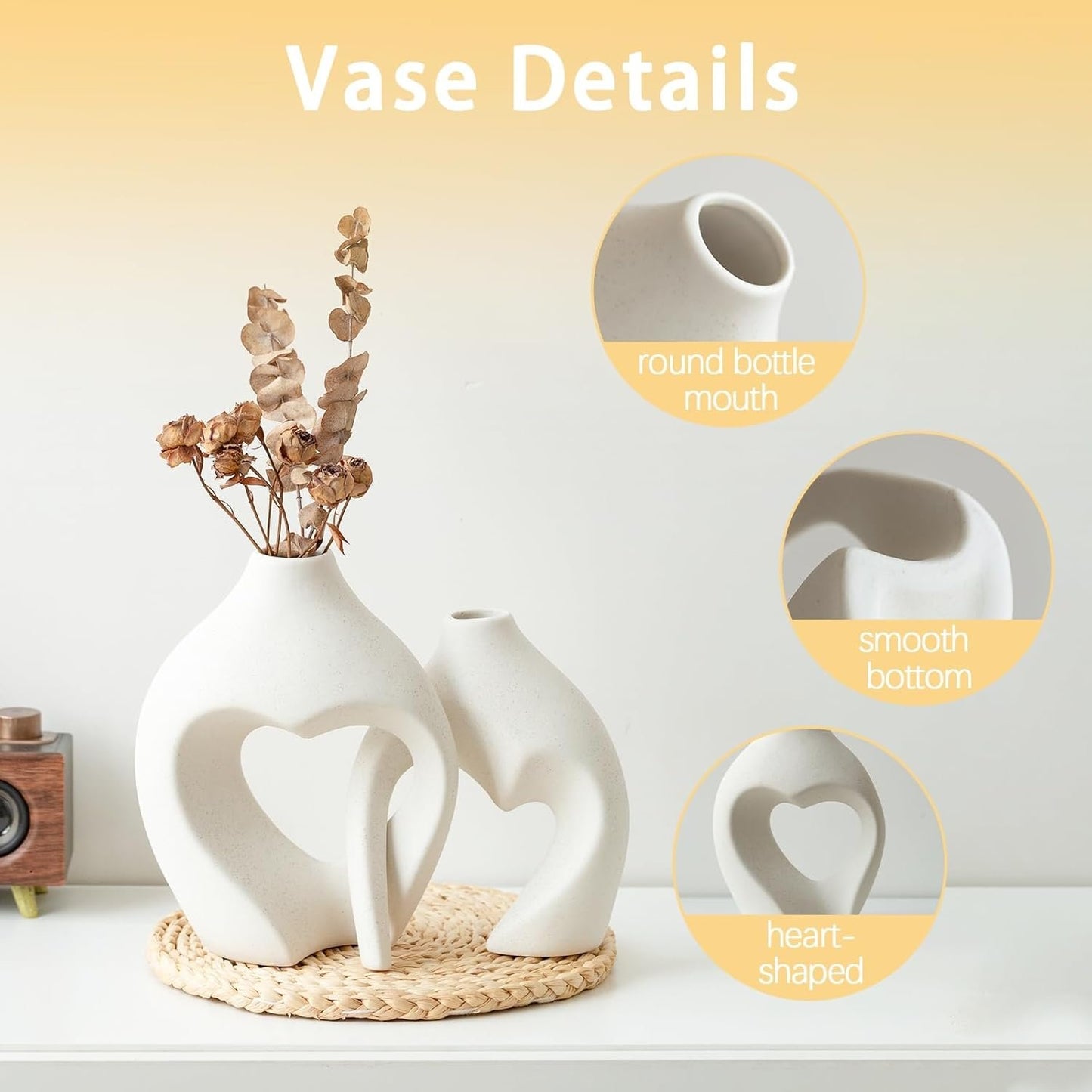 White Ceramic Vases Home Decor Set of 2, Heart Shaped Vases for Table Centerpieces, Boho Flower Vases, Nordic Modern Decorative Vases for Wedding, Living Room, Bedroom, Dinner Table, Office