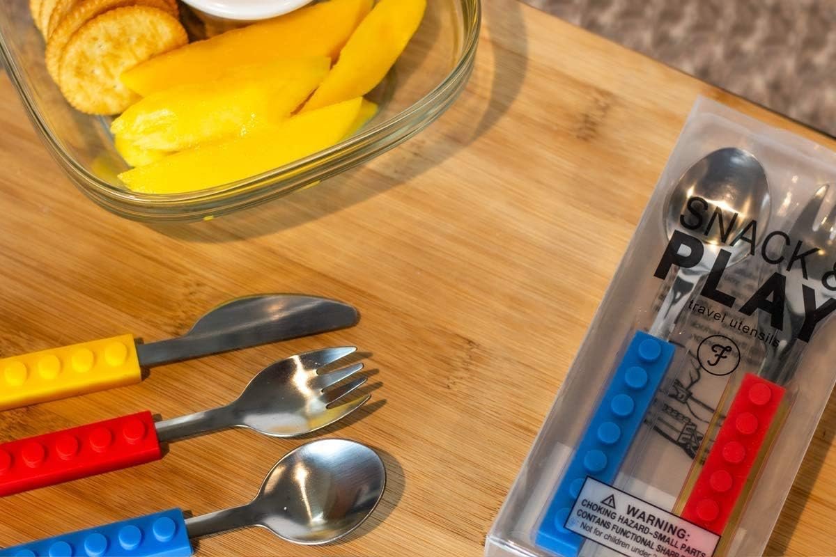 Toddler Utensils and Brick Toys - Set of 3 Interlocking Block Kids Silverware - Toddler Fork and Spoon Set with Toddler Knife-Non-BPA Kids Cutlery and Kid Safe Stainless Steel Silverware（3 Years Up）