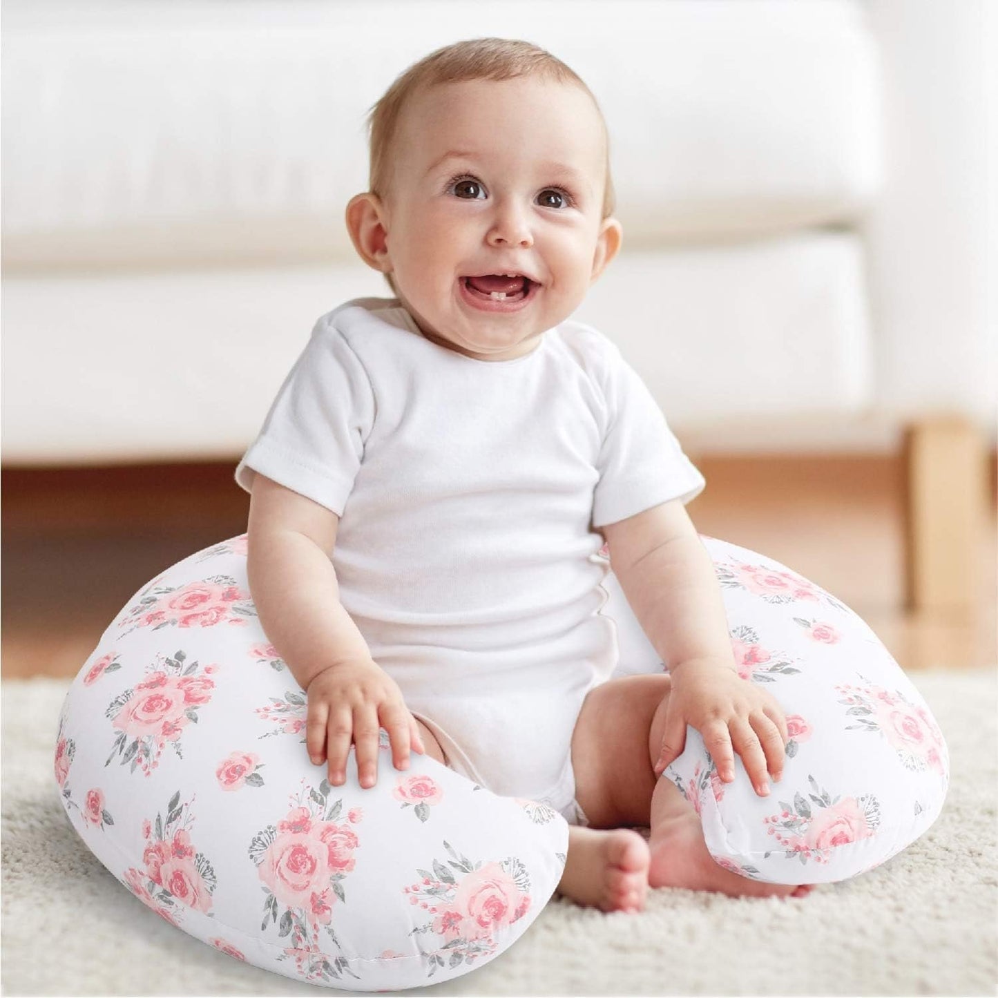 The Peanutshell Nursing Pillow & Cover - Soft Newborn Nursing Baby Girl Pillow Covers, Supportive & Comfortable Breastfeeding, Tummy Time Baby Essentials - Pink Floral